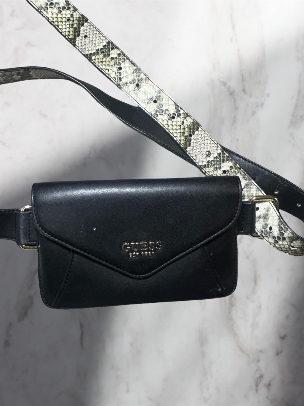 Guess Black Belt Bag with Snake-Print Strap